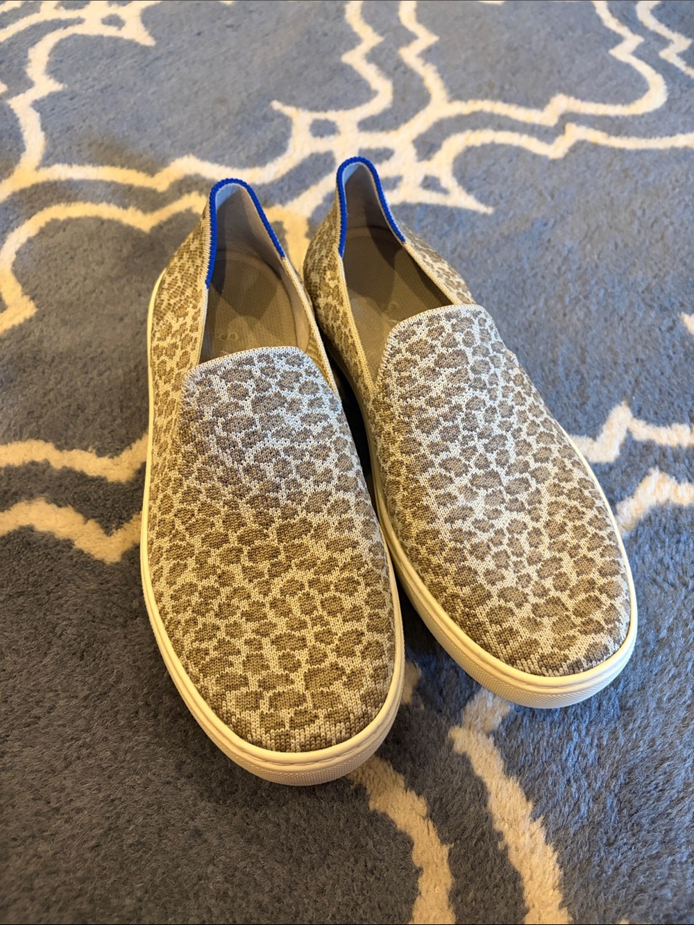 Rothy's Beige Leopard Knit Slip-On Sneakers with Blue Trim